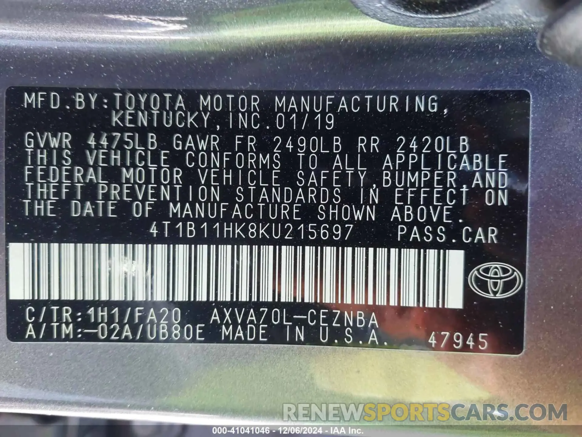 9 Photograph of a damaged car 4T1B11HK8KU215697 TOYOTA CAMRY 2019
