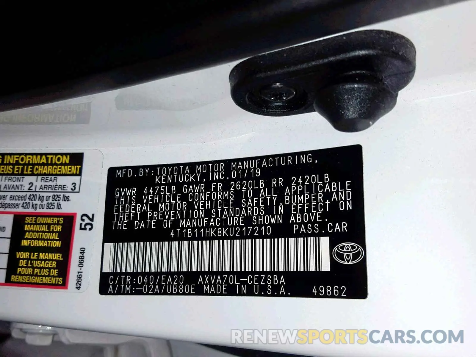 10 Photograph of a damaged car 4T1B11HK8KU217210 TOYOTA CAMRY 2019