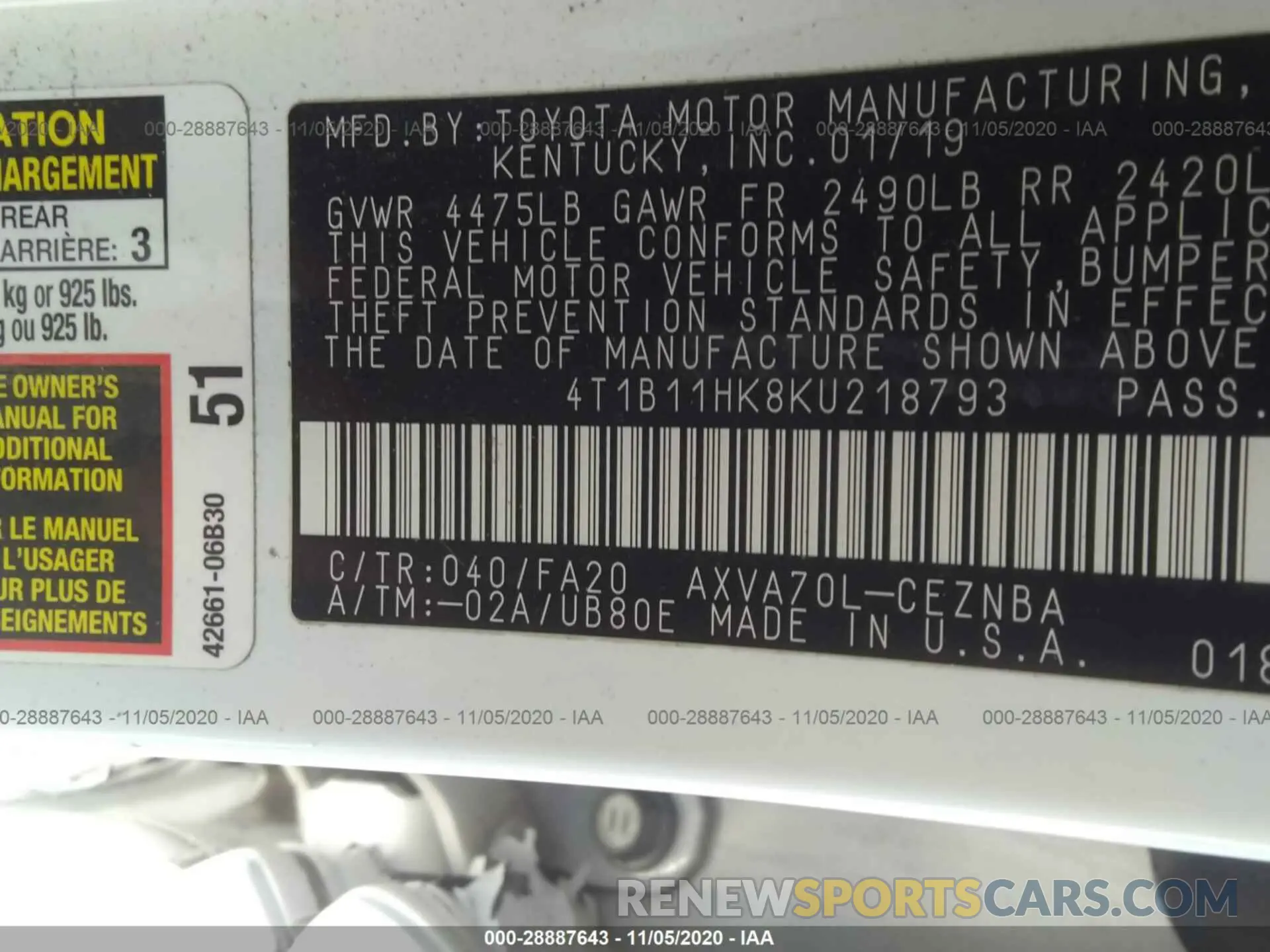 9 Photograph of a damaged car 4T1B11HK8KU218793 TOYOTA CAMRY 2019