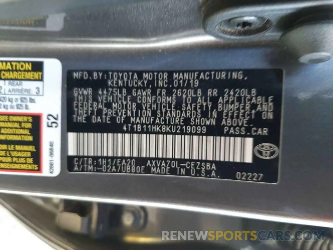 10 Photograph of a damaged car 4T1B11HK8KU219099 TOYOTA CAMRY 2019