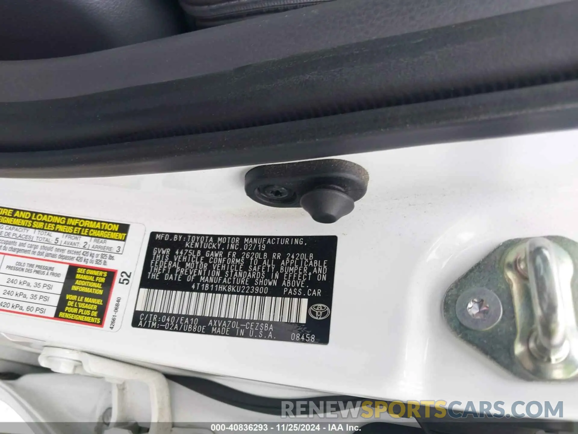 9 Фотография поврежденного автомобиля 4T1B11HK8KU223900 TOYOTA CAMRY 2019