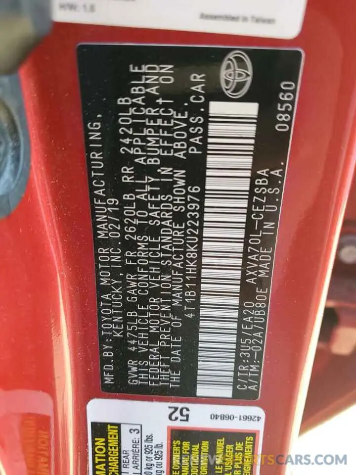12 Фотография поврежденного автомобиля 4T1B11HK8KU223976 TOYOTA CAMRY 2019