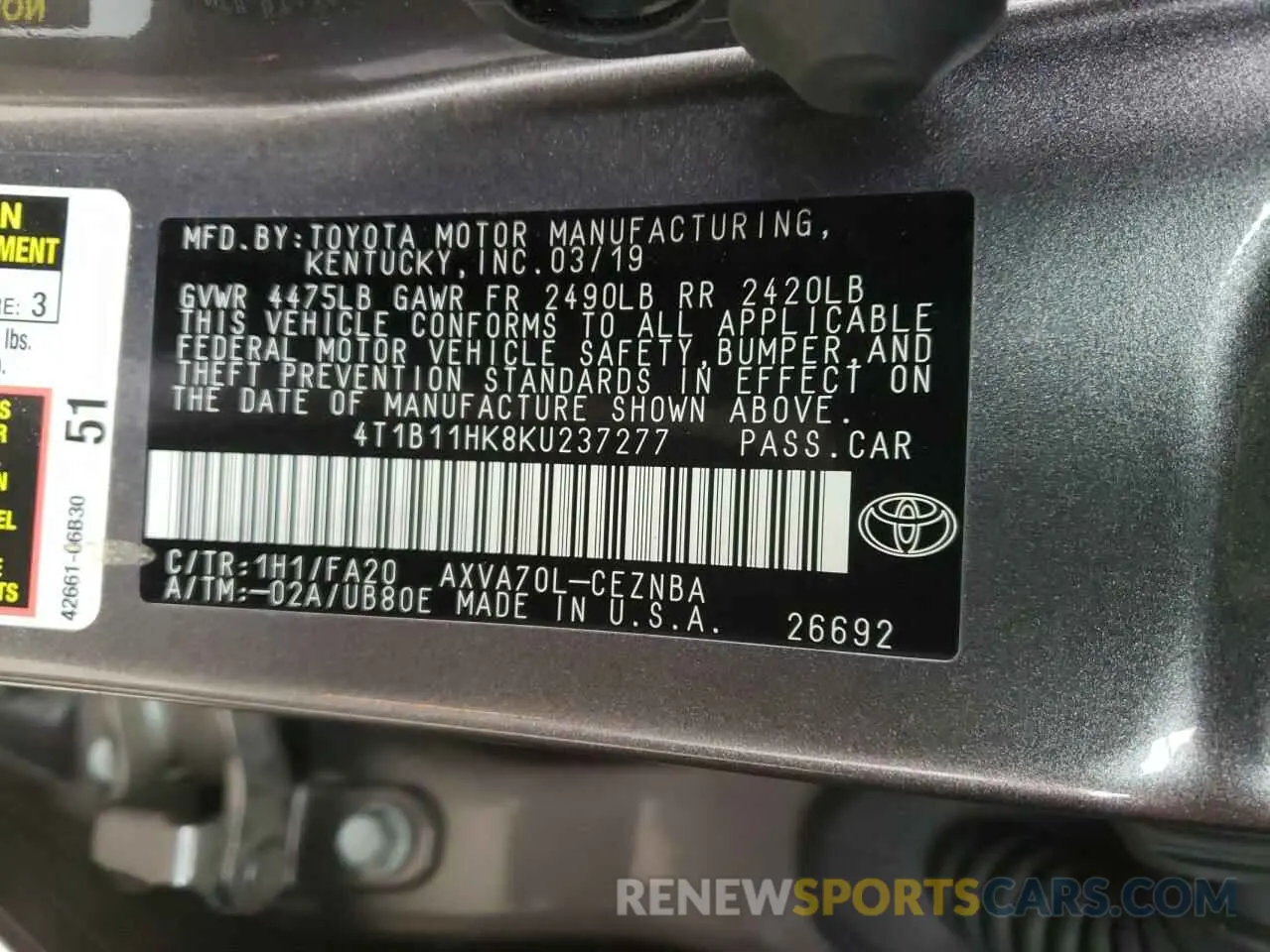 13 Photograph of a damaged car 4T1B11HK8KU237277 TOYOTA CAMRY 2019