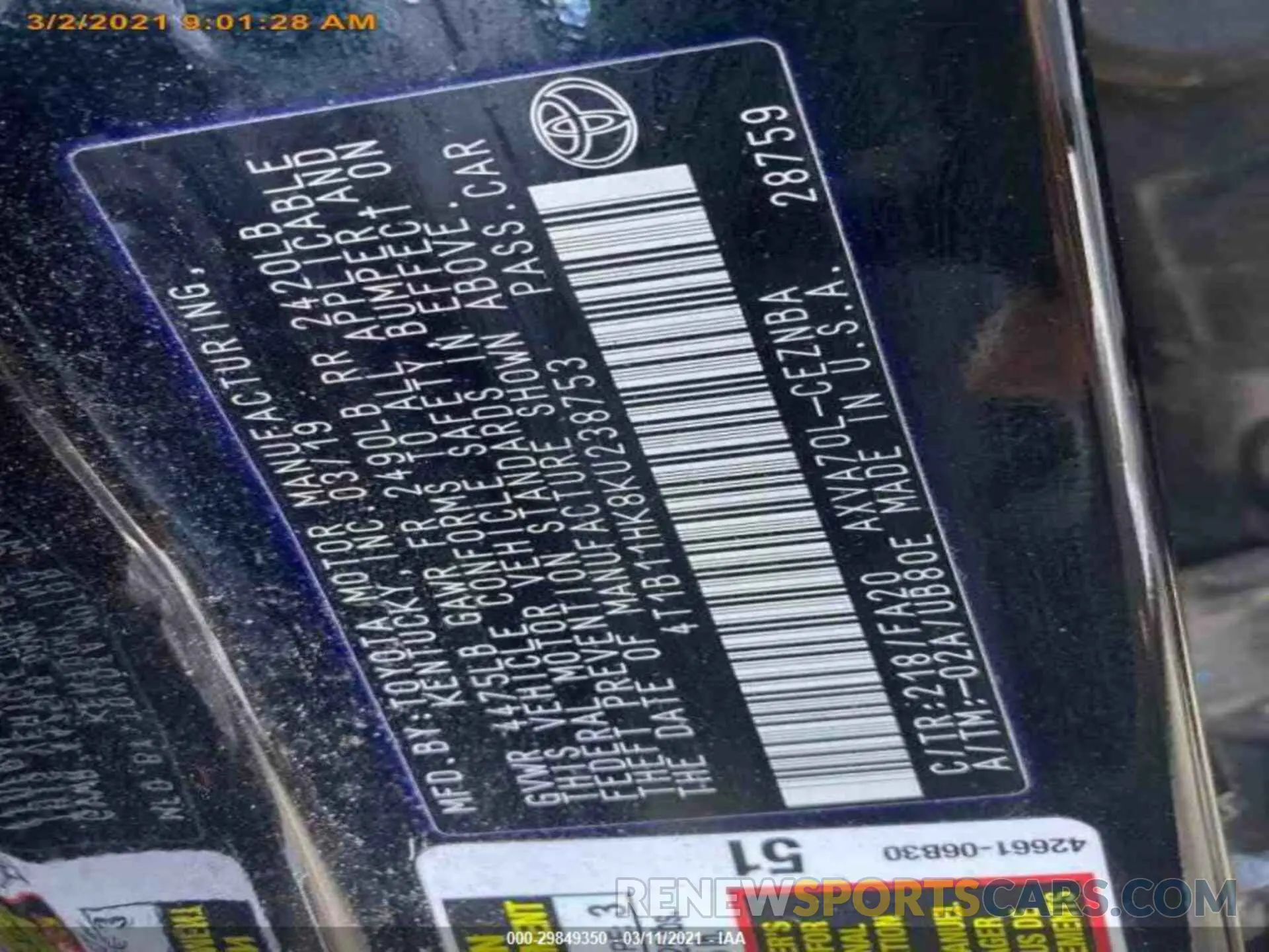 13 Photograph of a damaged car 4T1B11HK8KU238753 TOYOTA CAMRY 2019