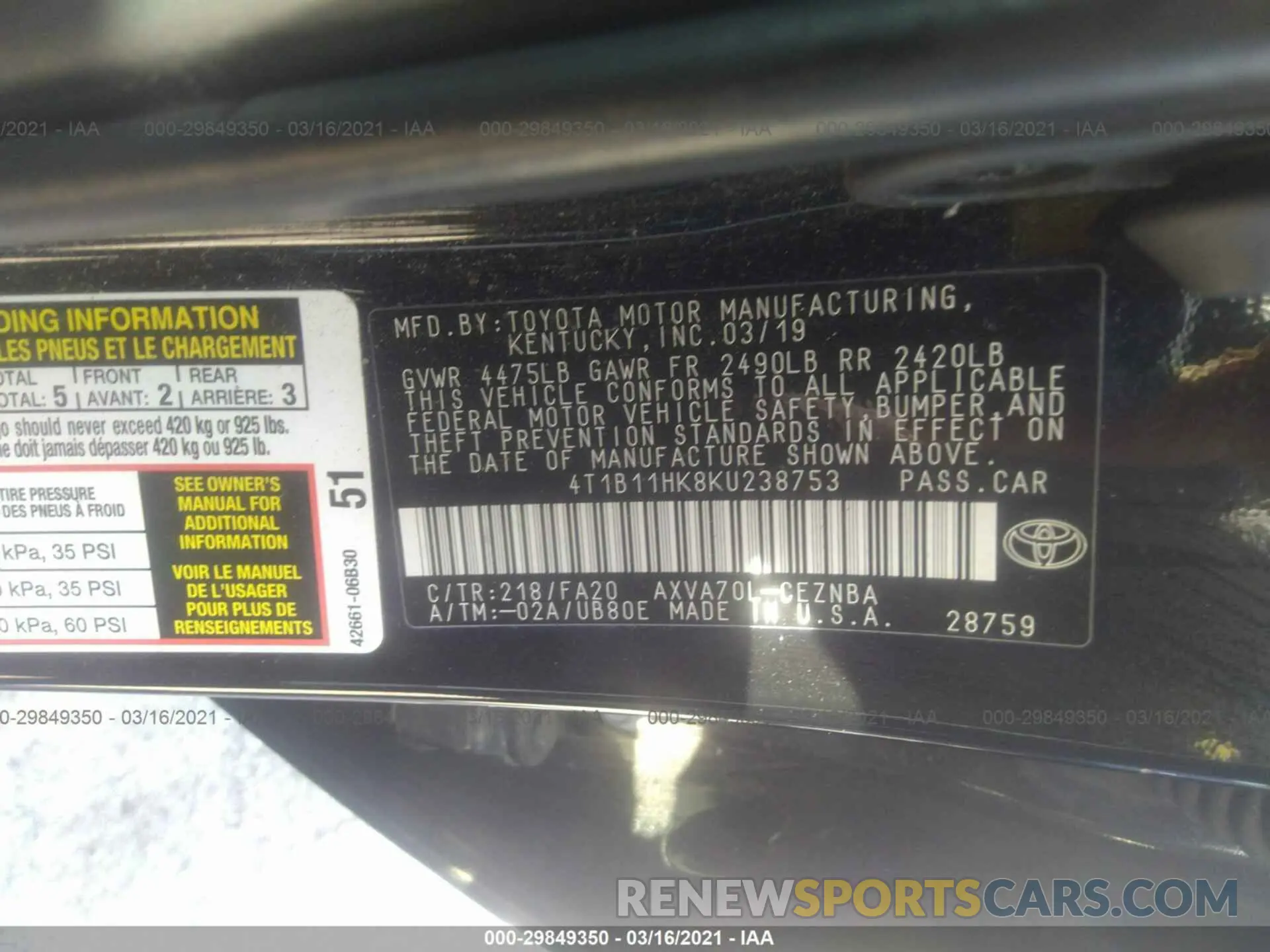 9 Photograph of a damaged car 4T1B11HK8KU238753 TOYOTA CAMRY 2019