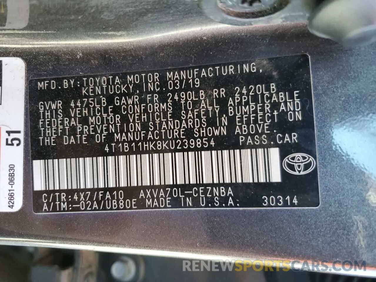 12 Photograph of a damaged car 4T1B11HK8KU239854 TOYOTA CAMRY 2019