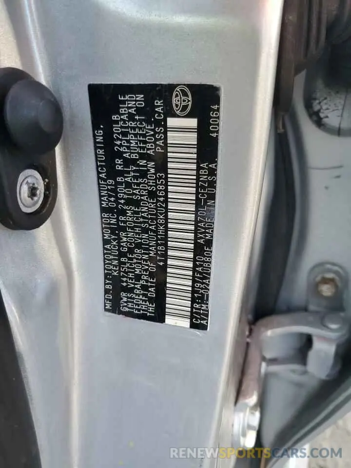12 Photograph of a damaged car 4T1B11HK8KU246853 TOYOTA CAMRY 2019