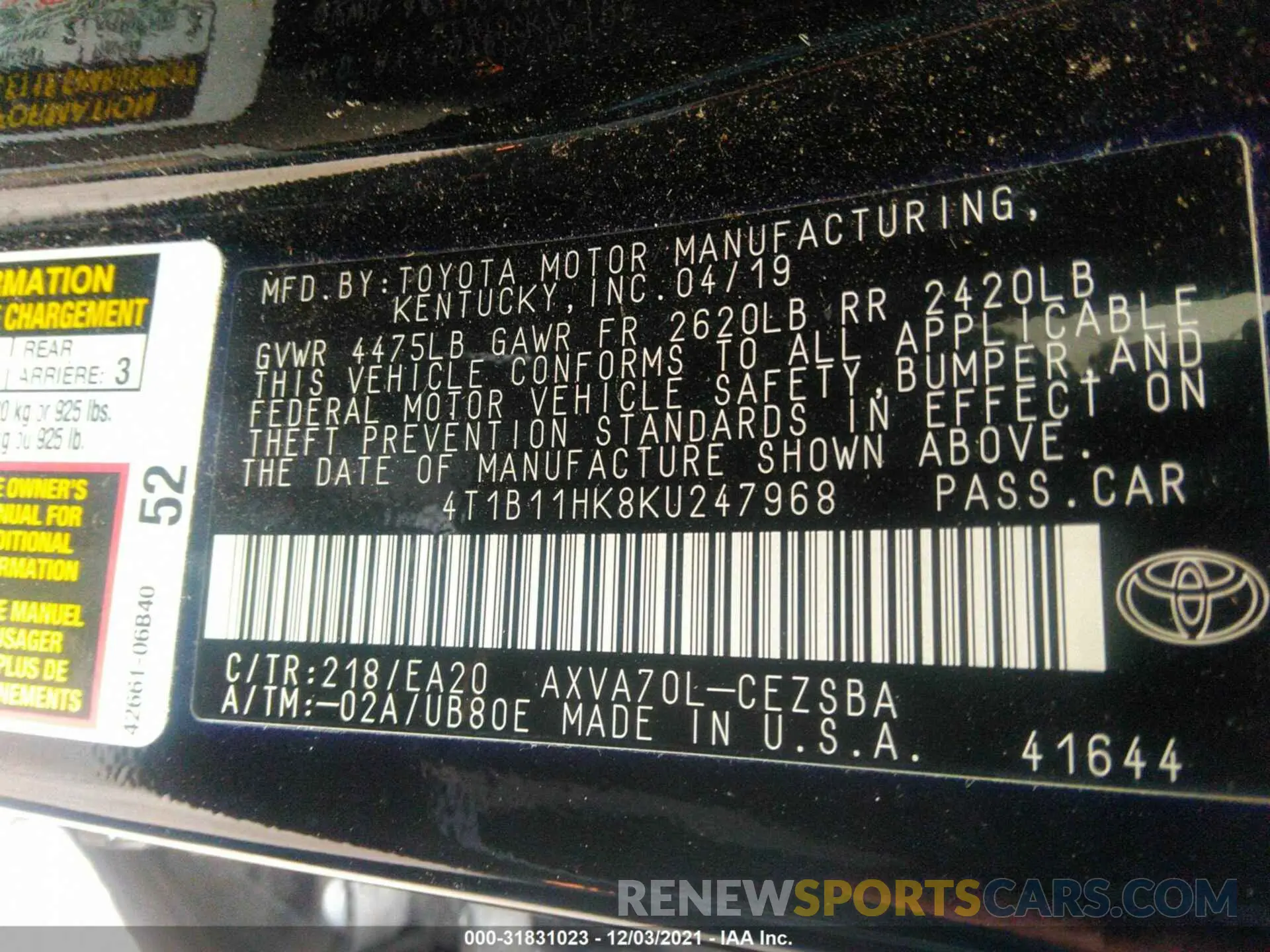 10 Photograph of a damaged car 4T1B11HK8KU247968 TOYOTA CAMRY 2019