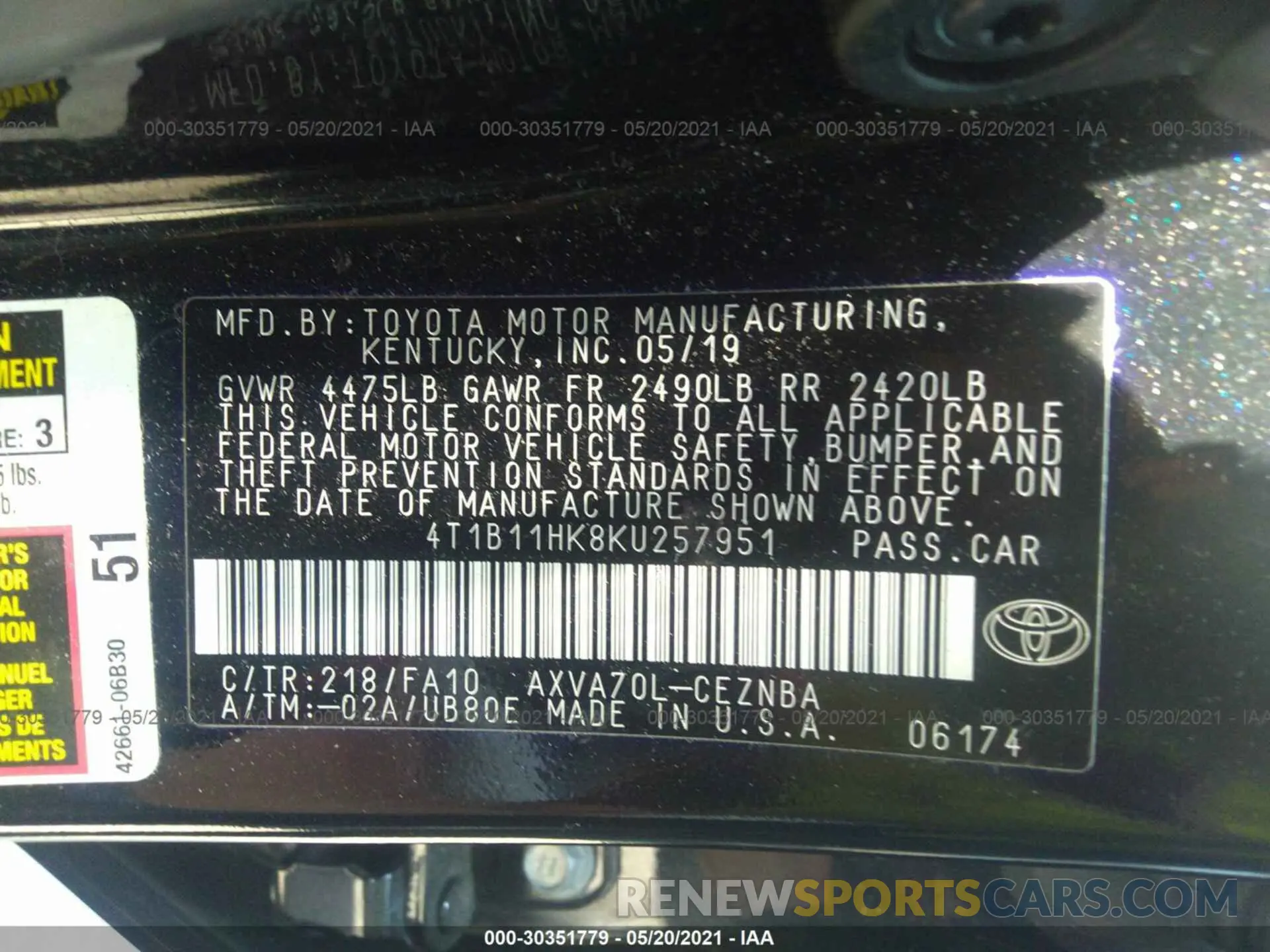 9 Photograph of a damaged car 4T1B11HK8KU257951 TOYOTA CAMRY 2019