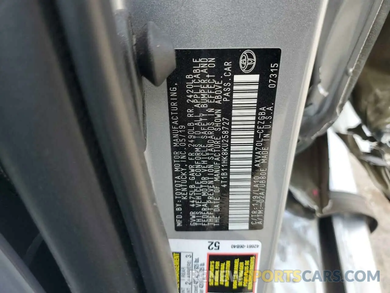 12 Фотография поврежденного автомобиля 4T1B11HK8KU258727 TOYOTA CAMRY 2019