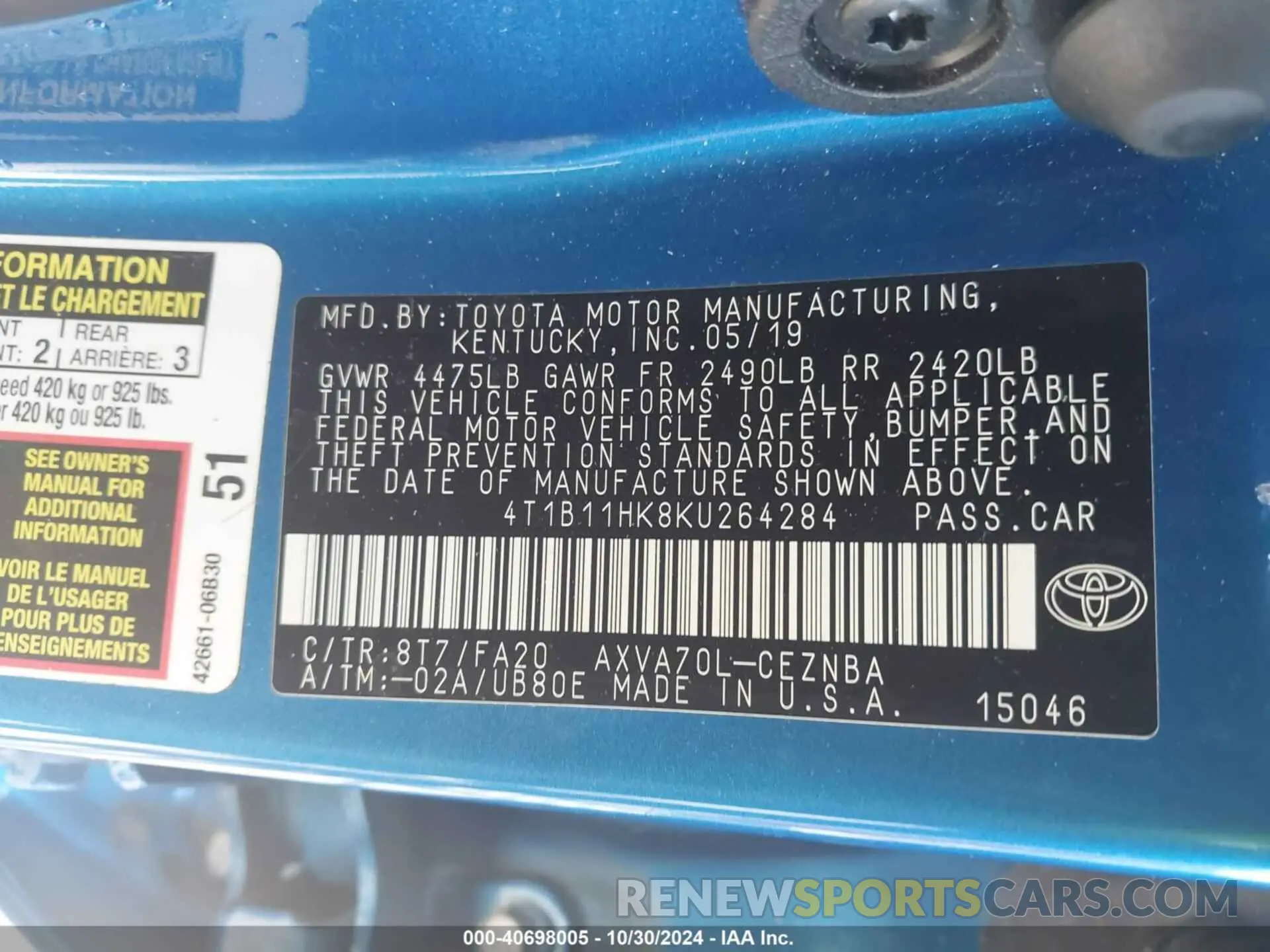 9 Photograph of a damaged car 4T1B11HK8KU264284 TOYOTA CAMRY 2019