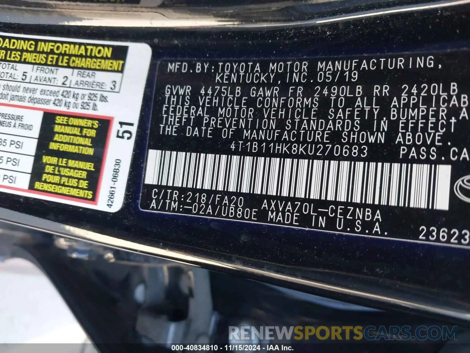 9 Фотография поврежденного автомобиля 4T1B11HK8KU270683 TOYOTA CAMRY 2019