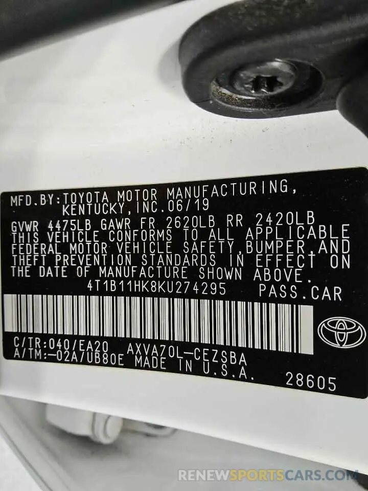 12 Фотография поврежденного автомобиля 4T1B11HK8KU274295 TOYOTA CAMRY 2019