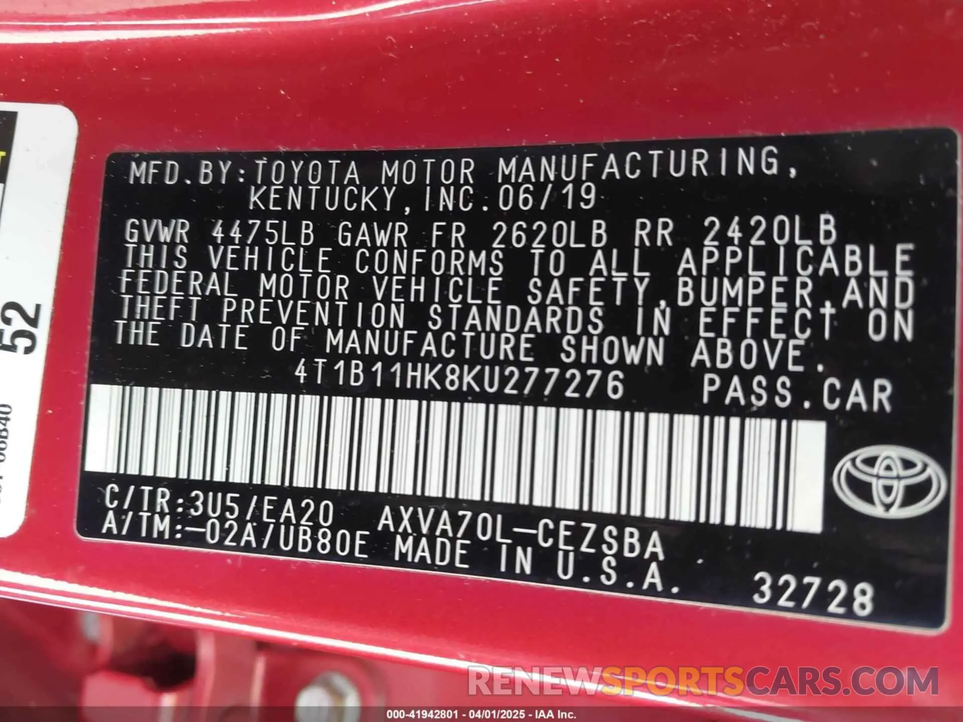 9 Фотография поврежденного автомобиля 4T1B11HK8KU277276 TOYOTA CAMRY 2019