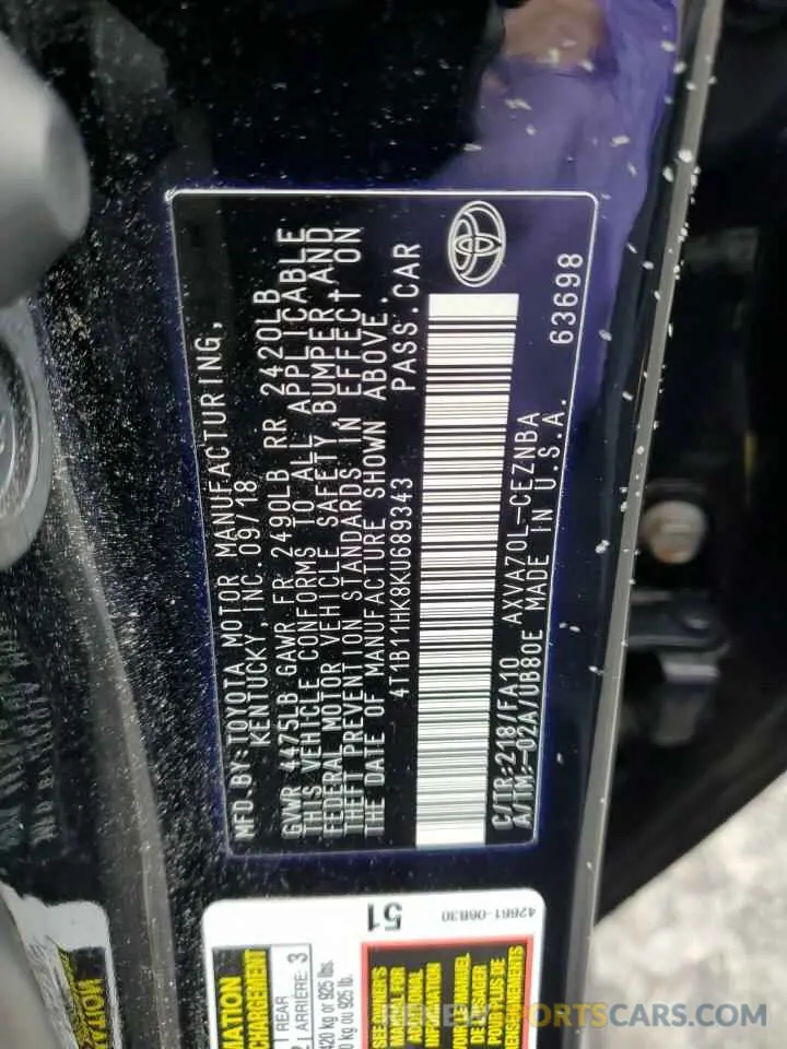 12 Photograph of a damaged car 4T1B11HK8KU689343 TOYOTA CAMRY 2019