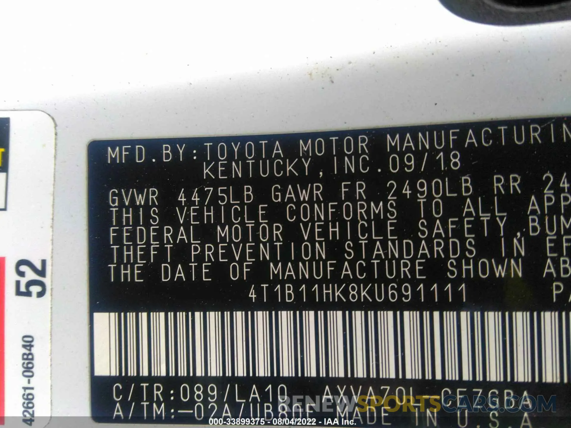 9 Photograph of a damaged car 4T1B11HK8KU691111 TOYOTA CAMRY 2019