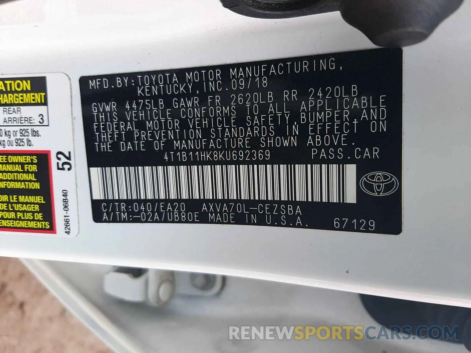 10 Photograph of a damaged car 4T1B11HK8KU692369 TOYOTA CAMRY 2019