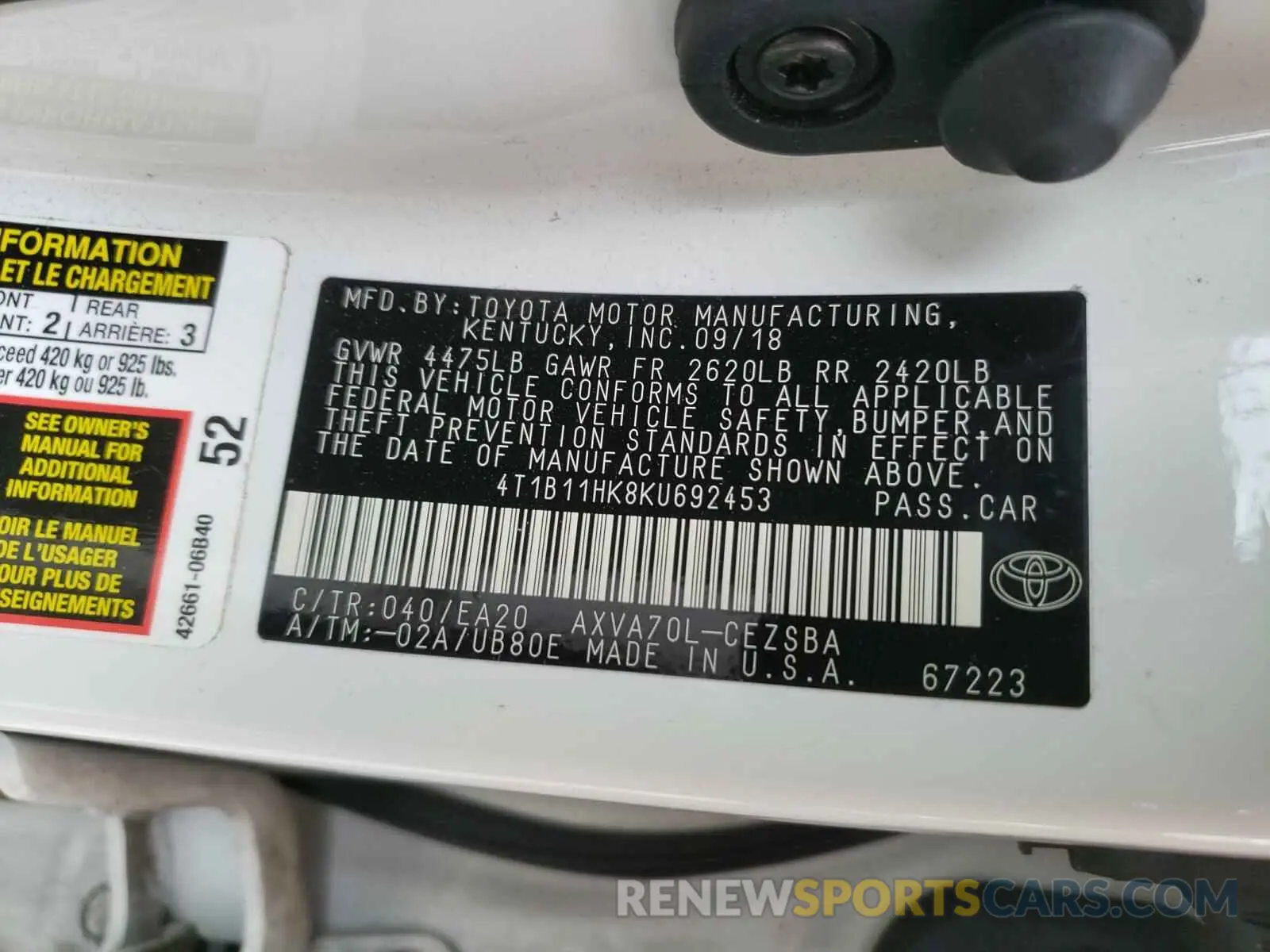 10 Photograph of a damaged car 4T1B11HK8KU692453 TOYOTA CAMRY 2019