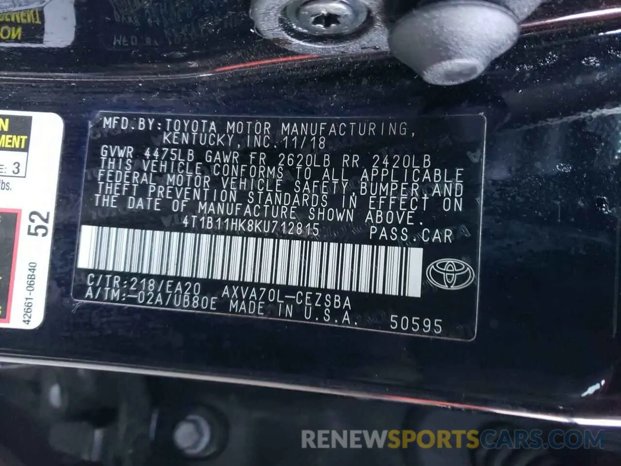 13 Фотография поврежденного автомобиля 4T1B11HK8KU712815 TOYOTA CAMRY 2019