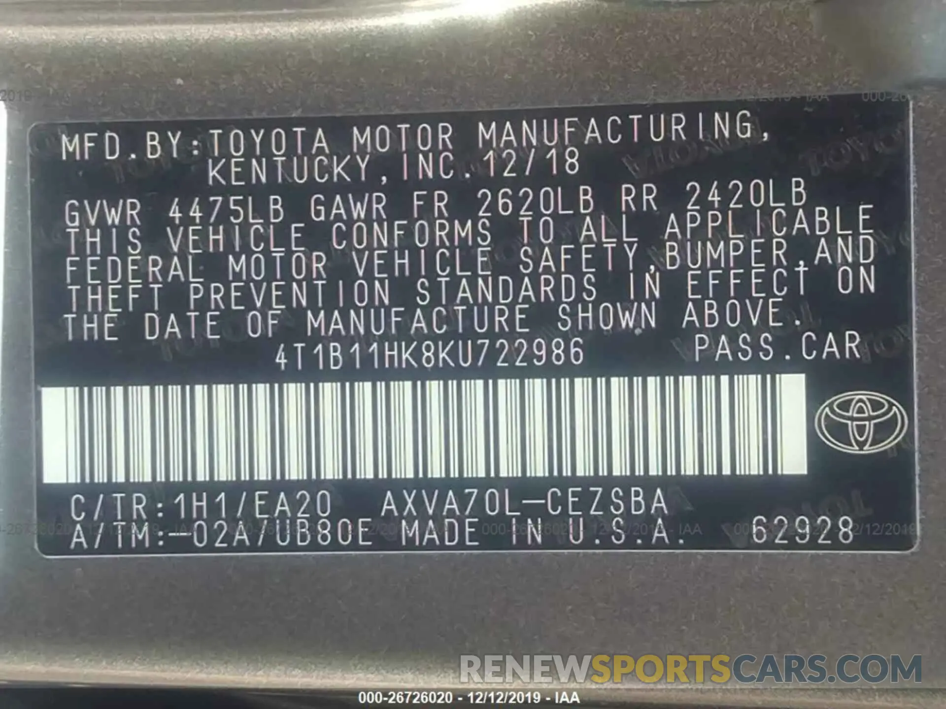 9 Photograph of a damaged car 4T1B11HK8KU722986 TOYOTA CAMRY 2019