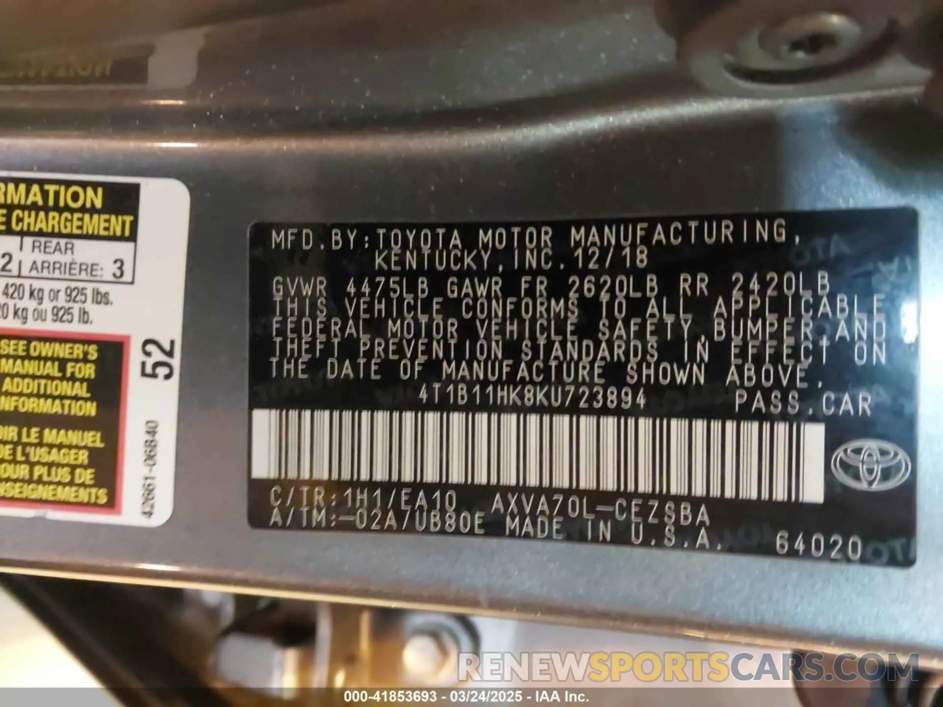 9 Photograph of a damaged car 4T1B11HK8KU723894 TOYOTA CAMRY 2019