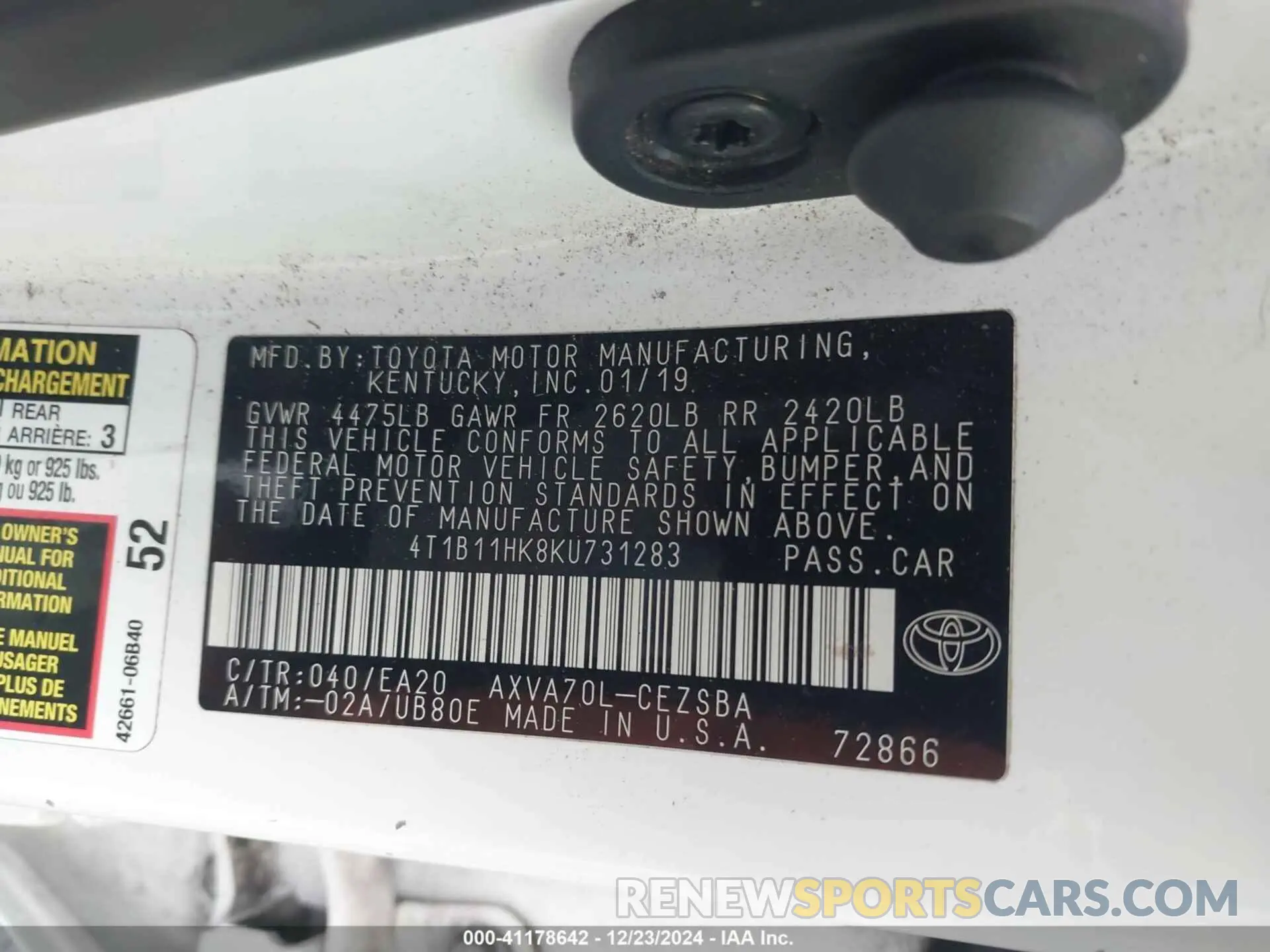 9 Photograph of a damaged car 4T1B11HK8KU731283 TOYOTA CAMRY 2019