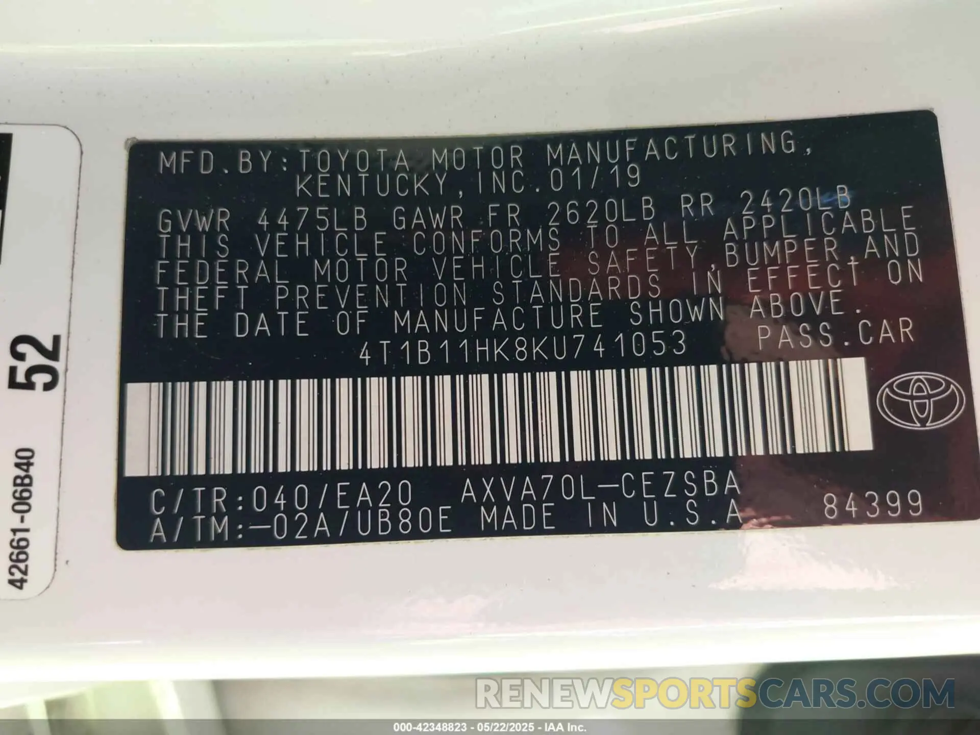 9 Фотография поврежденного автомобиля 4T1B11HK8KU741053 TOYOTA CAMRY 2019