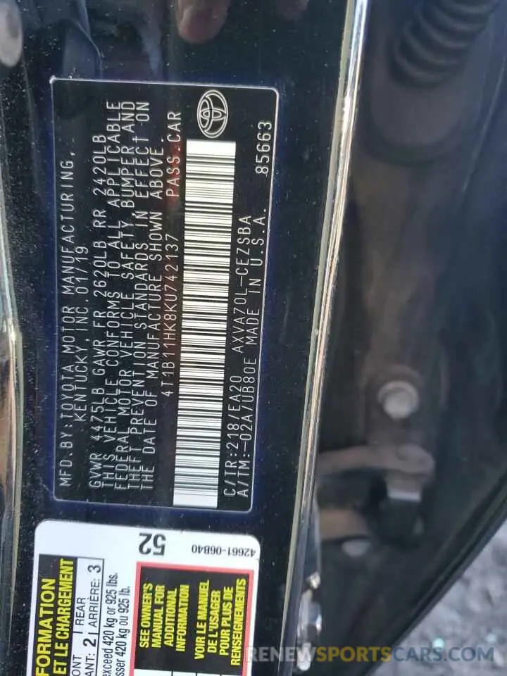 12 Photograph of a damaged car 4T1B11HK8KU742137 TOYOTA CAMRY 2019