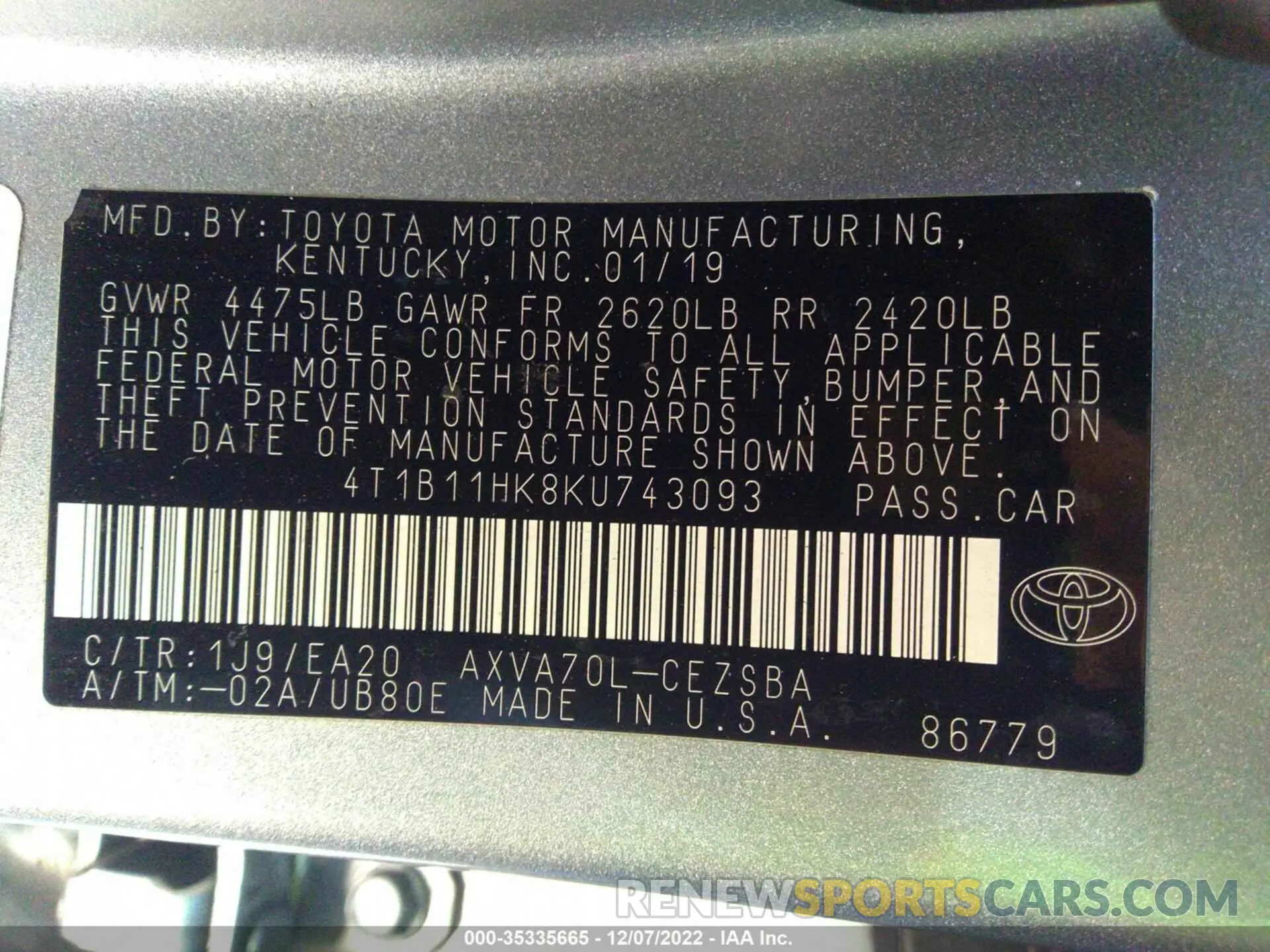 9 Photograph of a damaged car 4T1B11HK8KU743093 TOYOTA CAMRY 2019