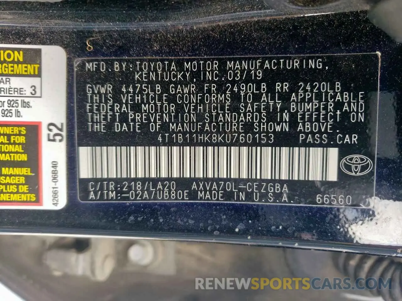 12 Фотография поврежденного автомобиля 4T1B11HK8KU760153 TOYOTA CAMRY 2019