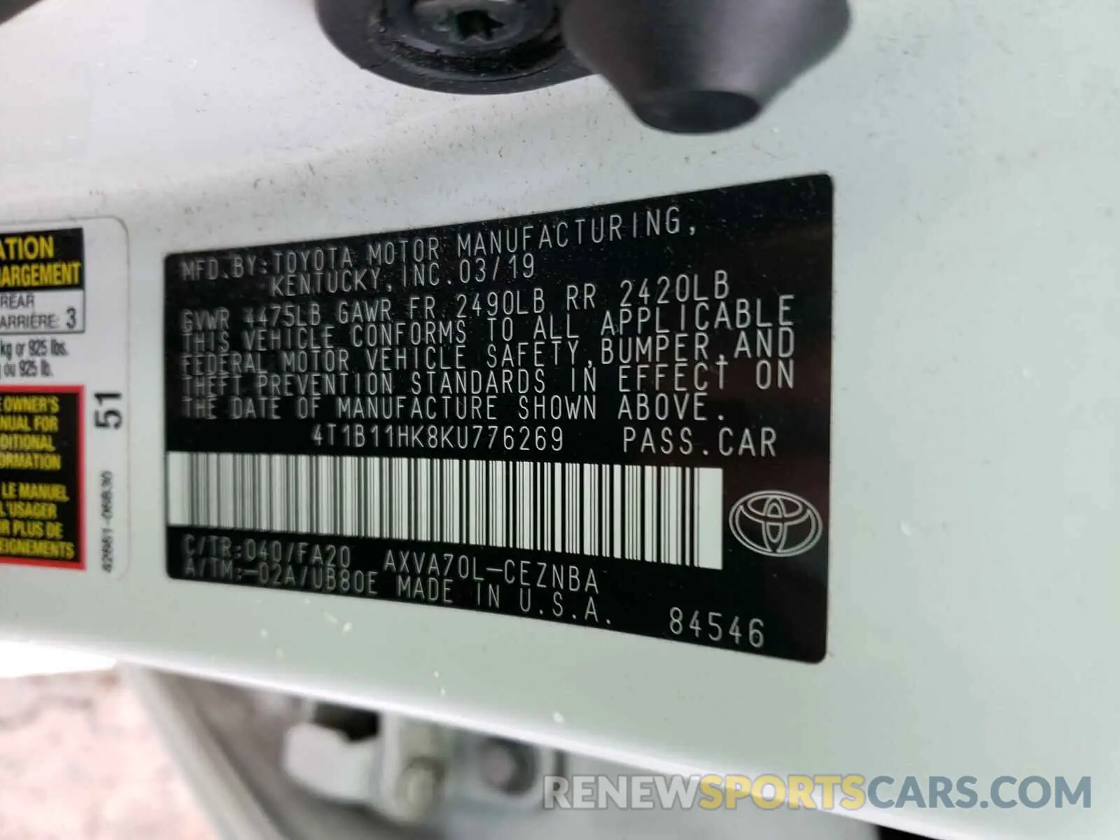 10 Photograph of a damaged car 4T1B11HK8KU776269 TOYOTA CAMRY 2019