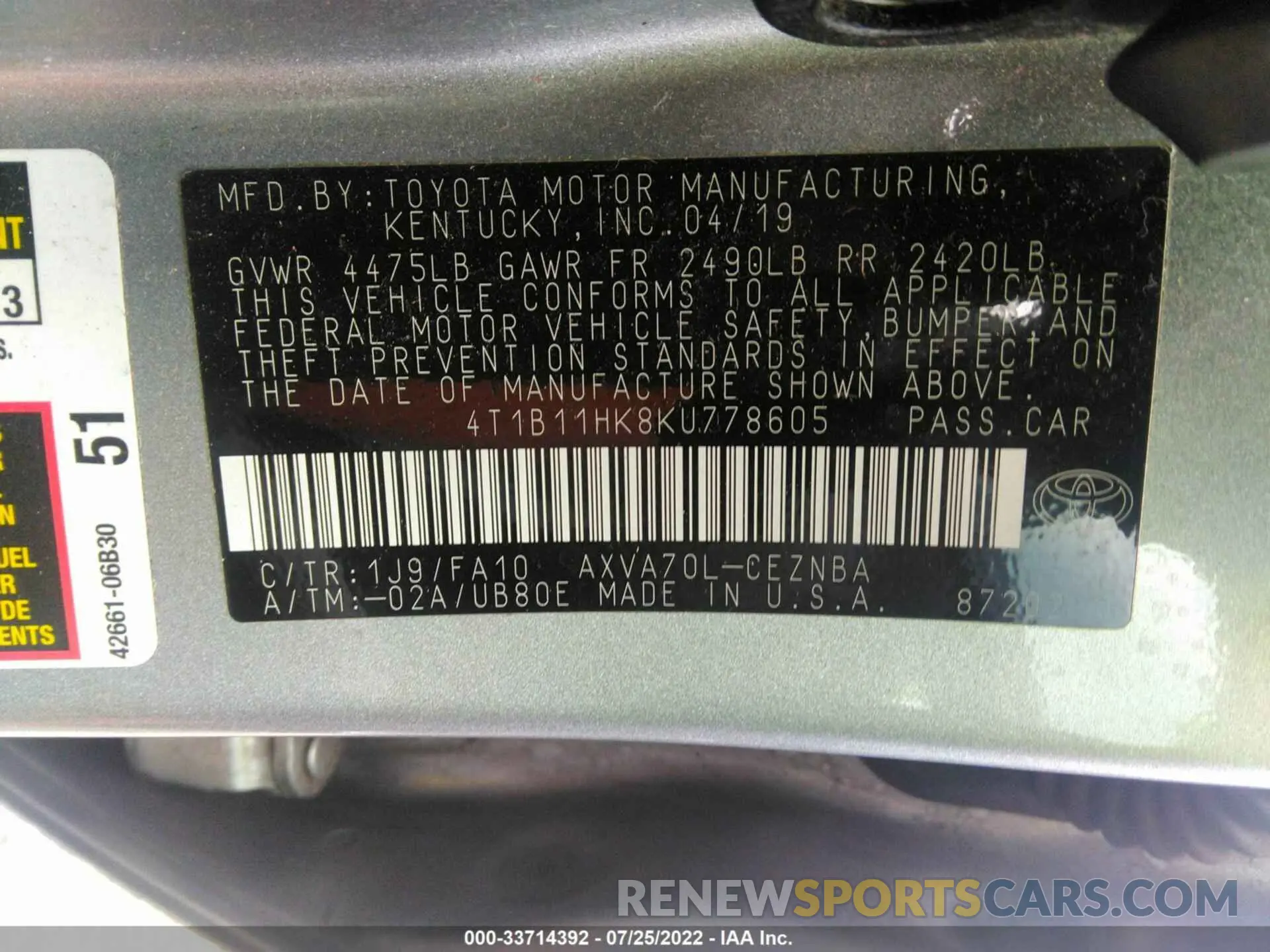 9 Photograph of a damaged car 4T1B11HK8KU778605 TOYOTA CAMRY 2019