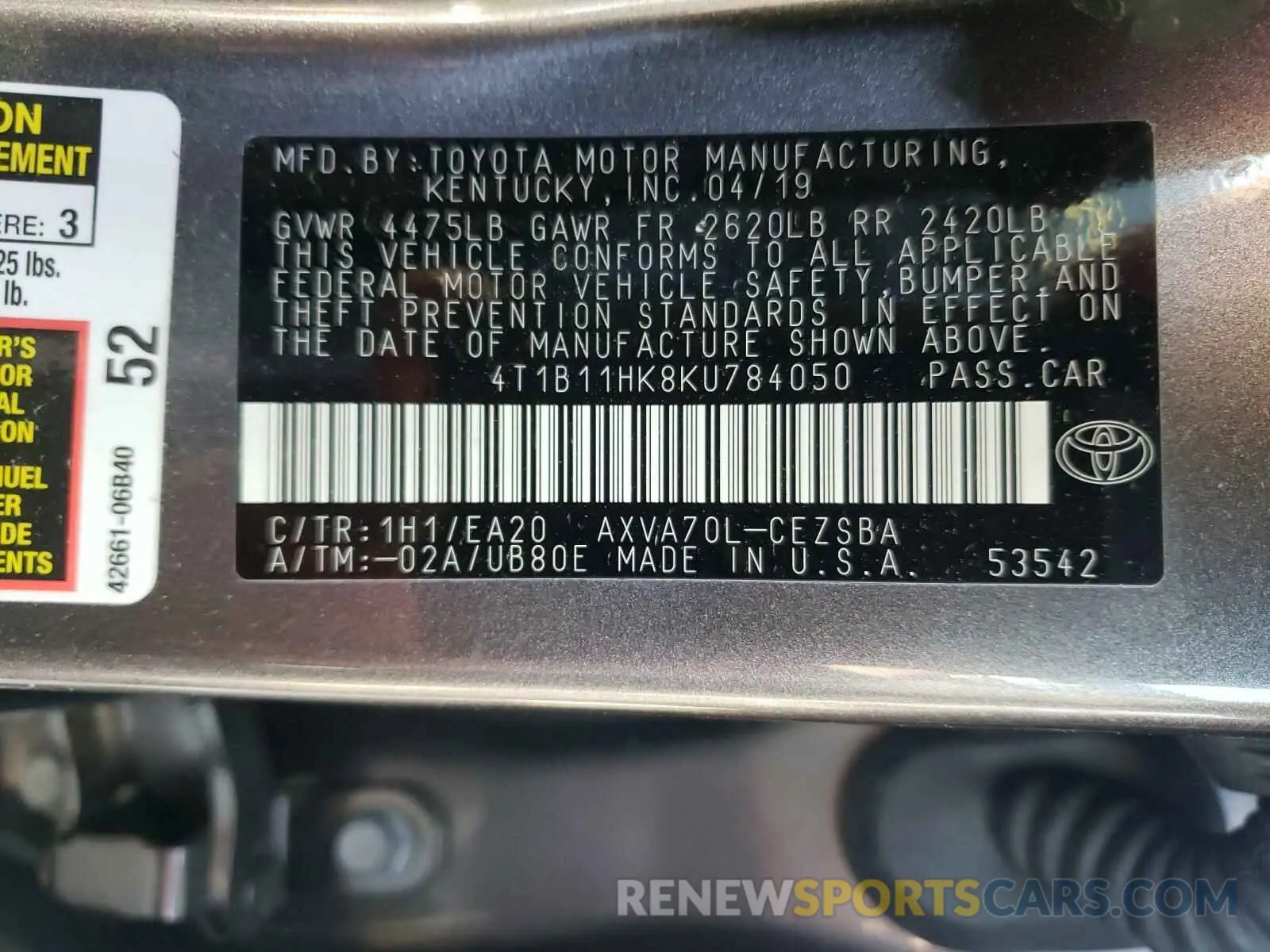 10 Photograph of a damaged car 4T1B11HK8KU784050 TOYOTA CAMRY 2019