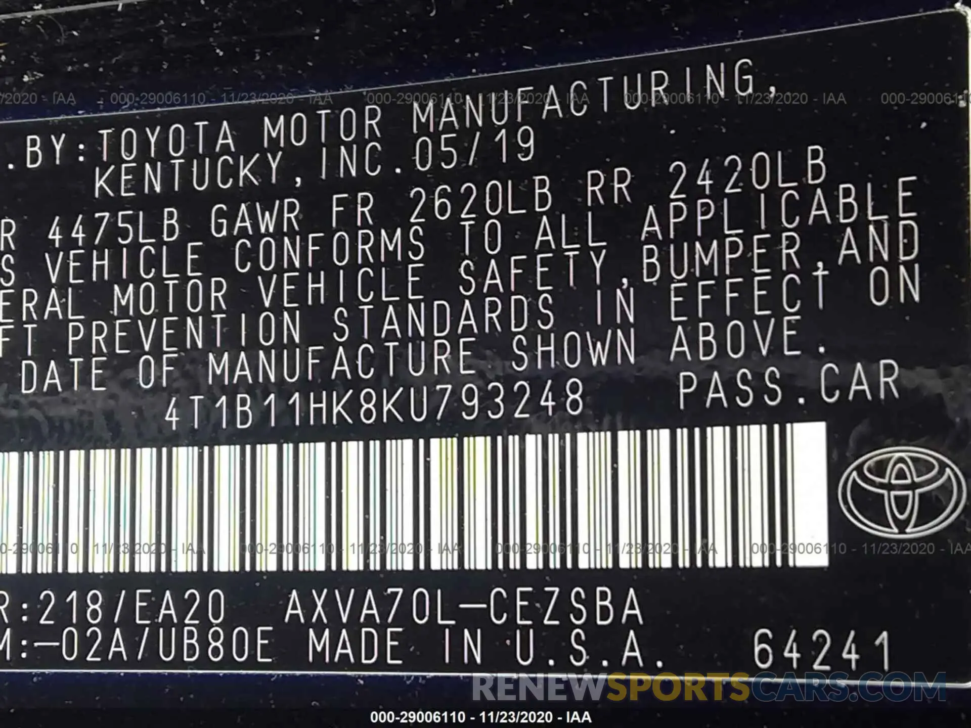 9 Photograph of a damaged car 4T1B11HK8KU793248 TOYOTA CAMRY 2019