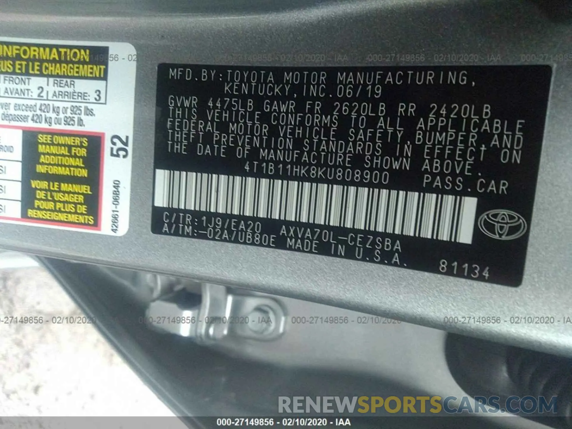 9 Photograph of a damaged car 4T1B11HK8KU808900 TOYOTA CAMRY 2019