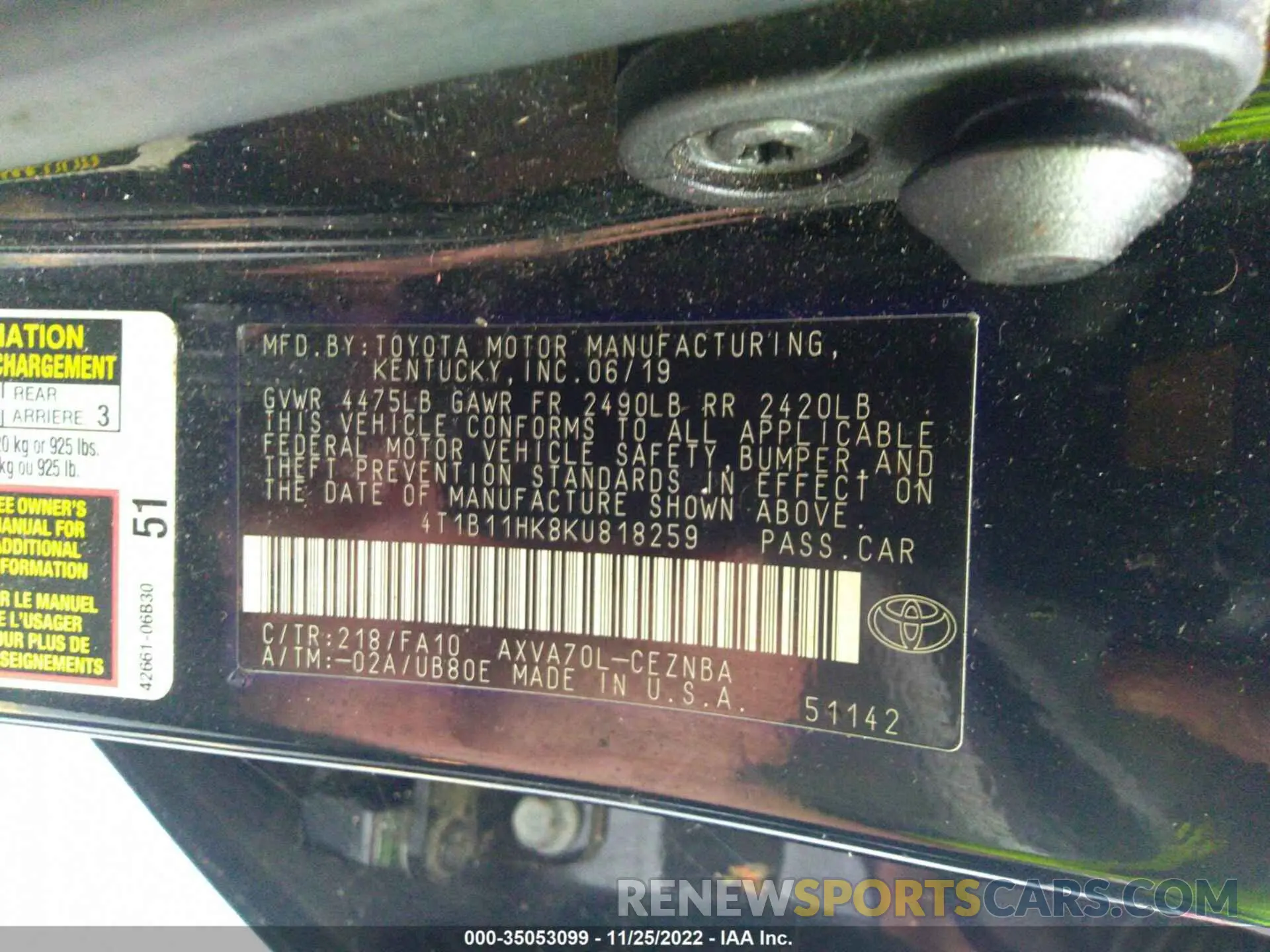 9 Photograph of a damaged car 4T1B11HK8KU818259 TOYOTA CAMRY 2019