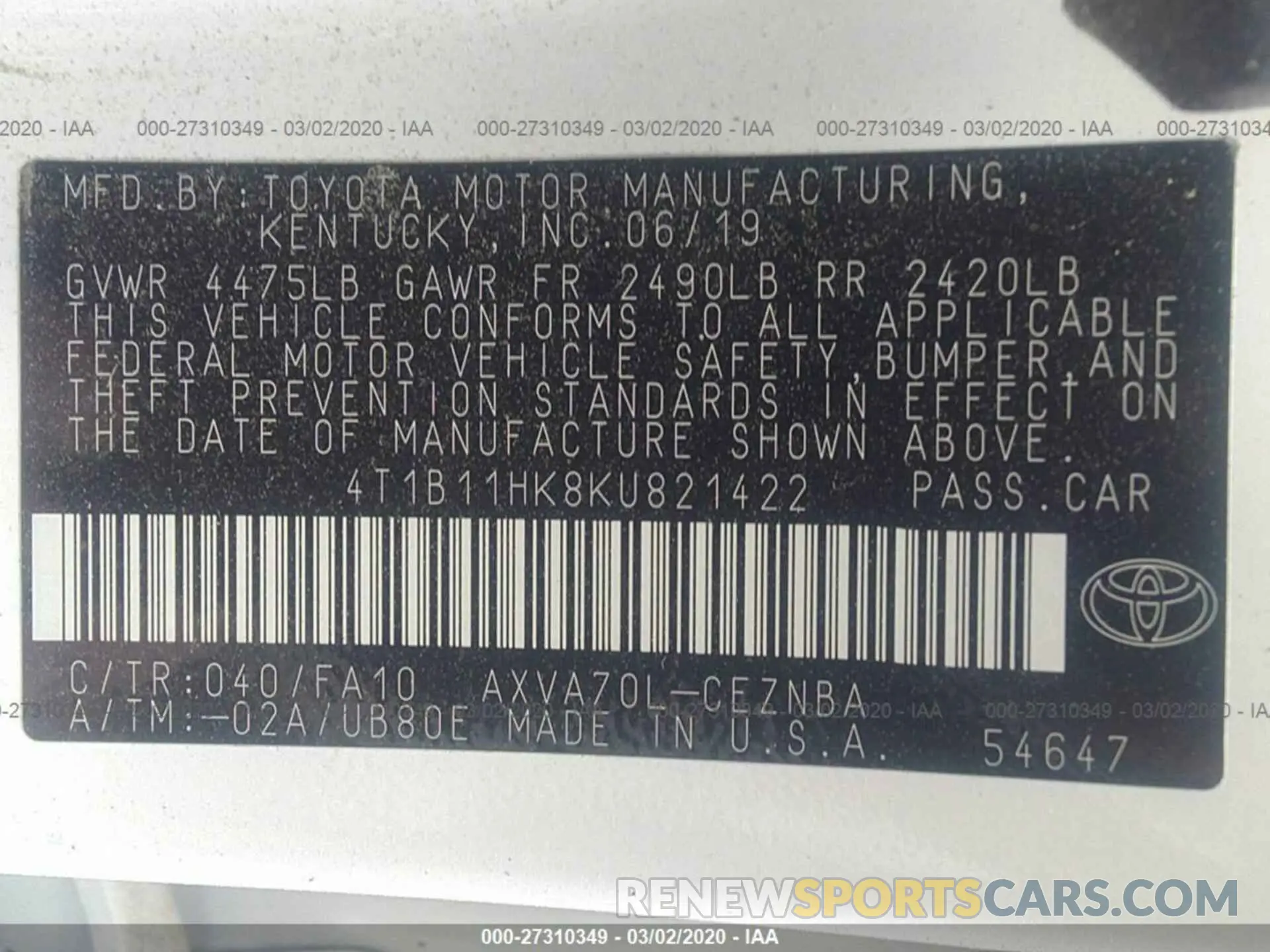 9 Photograph of a damaged car 4T1B11HK8KU821422 TOYOTA CAMRY 2019