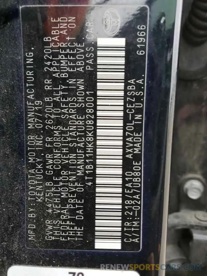 12 Фотография поврежденного автомобиля 4T1B11HK8KU828001 TOYOTA CAMRY 2019