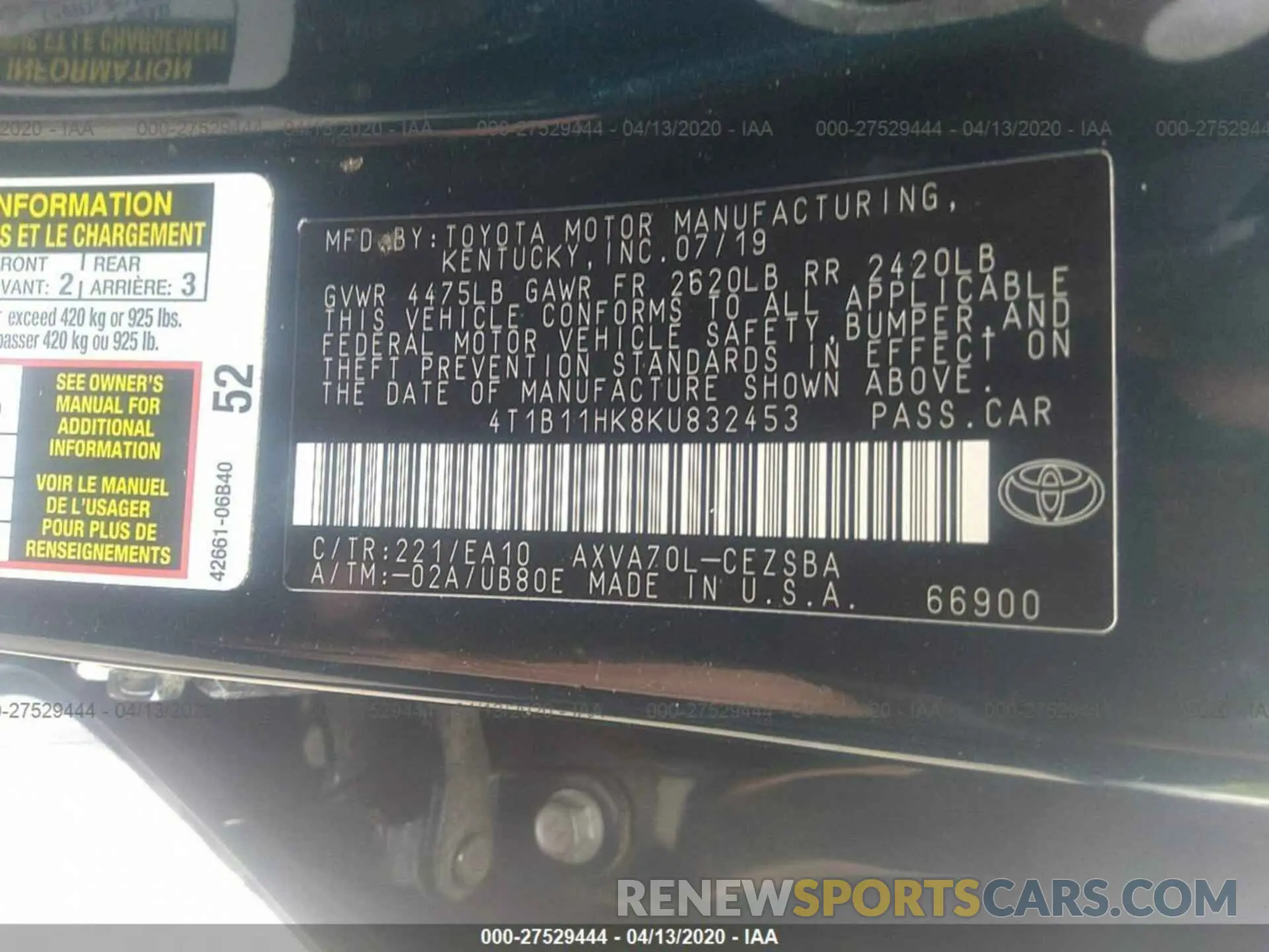 9 Photograph of a damaged car 4T1B11HK8KU832453 TOYOTA CAMRY 2019