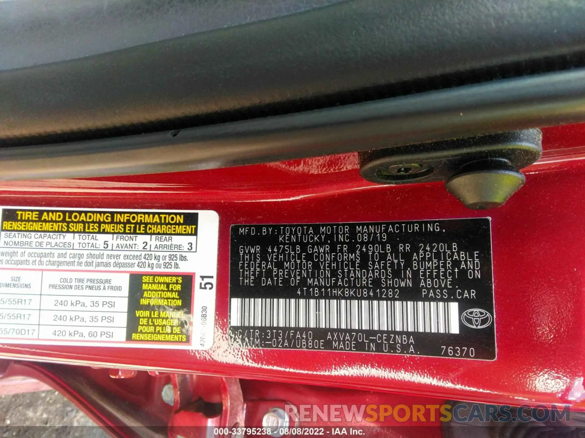 9 Photograph of a damaged car 4T1B11HK8KU841282 TOYOTA CAMRY 2019