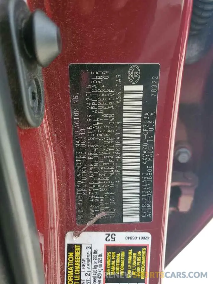 12 Фотография поврежденного автомобиля 4T1B11HK8KU843114 TOYOTA CAMRY 2019