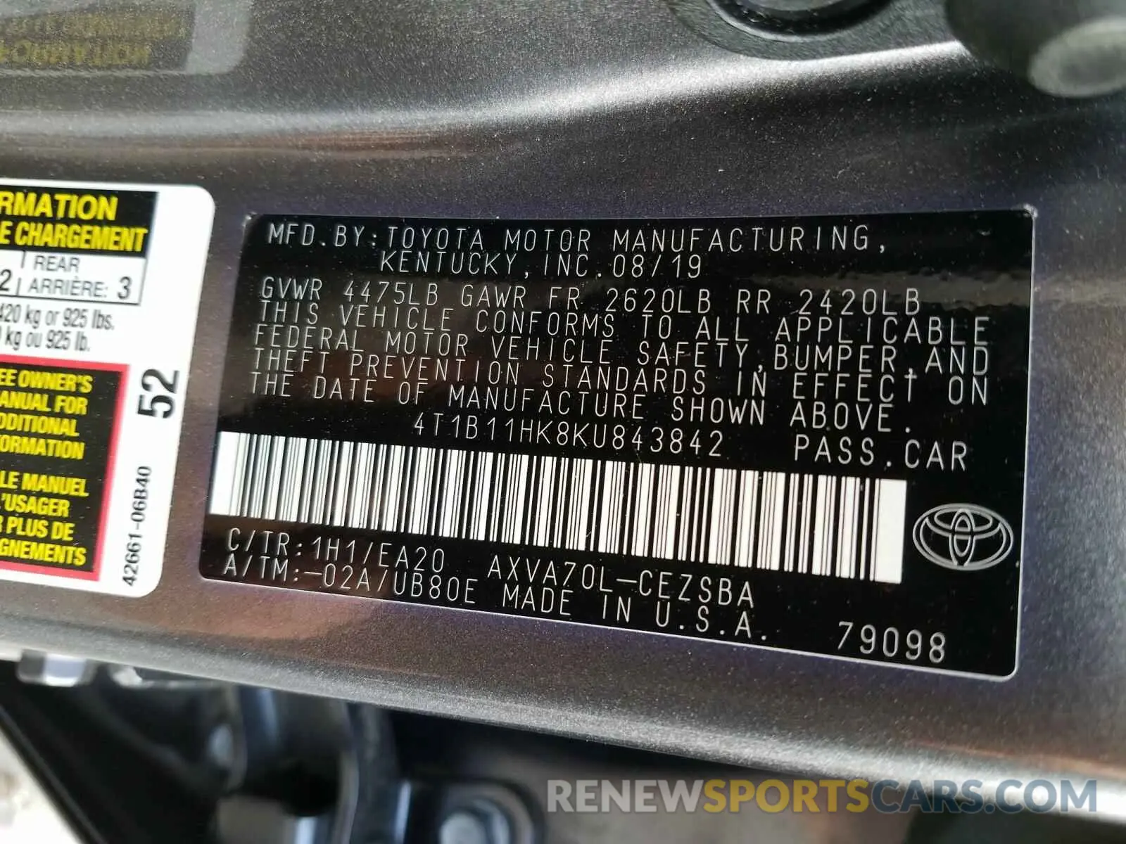 10 Photograph of a damaged car 4T1B11HK8KU843842 TOYOTA CAMRY 2019