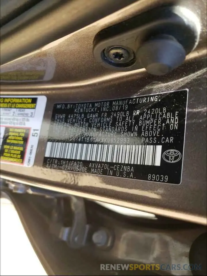 10 Photograph of a damaged car 4T1B11HK8KU852993 TOYOTA CAMRY 2019