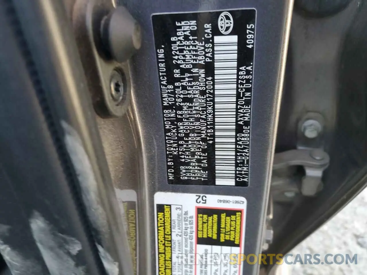 12 Photograph of a damaged car 4T1B11HK9KU172004 TOYOTA CAMRY 2019