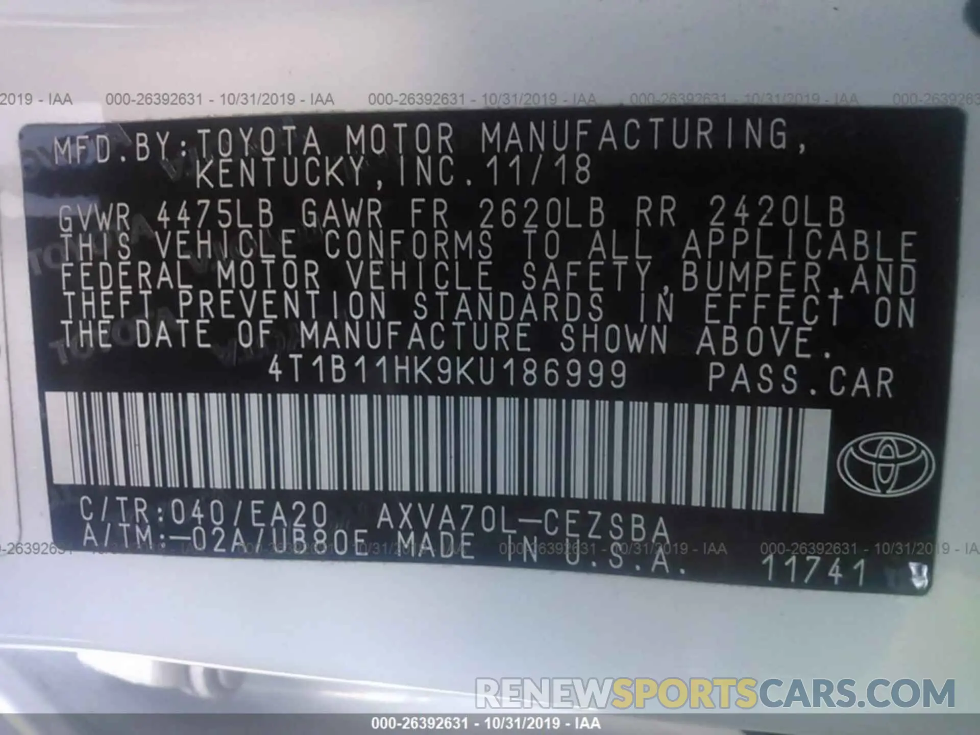 9 Photograph of a damaged car 4T1B11HK9KU186999 TOYOTA CAMRY 2019