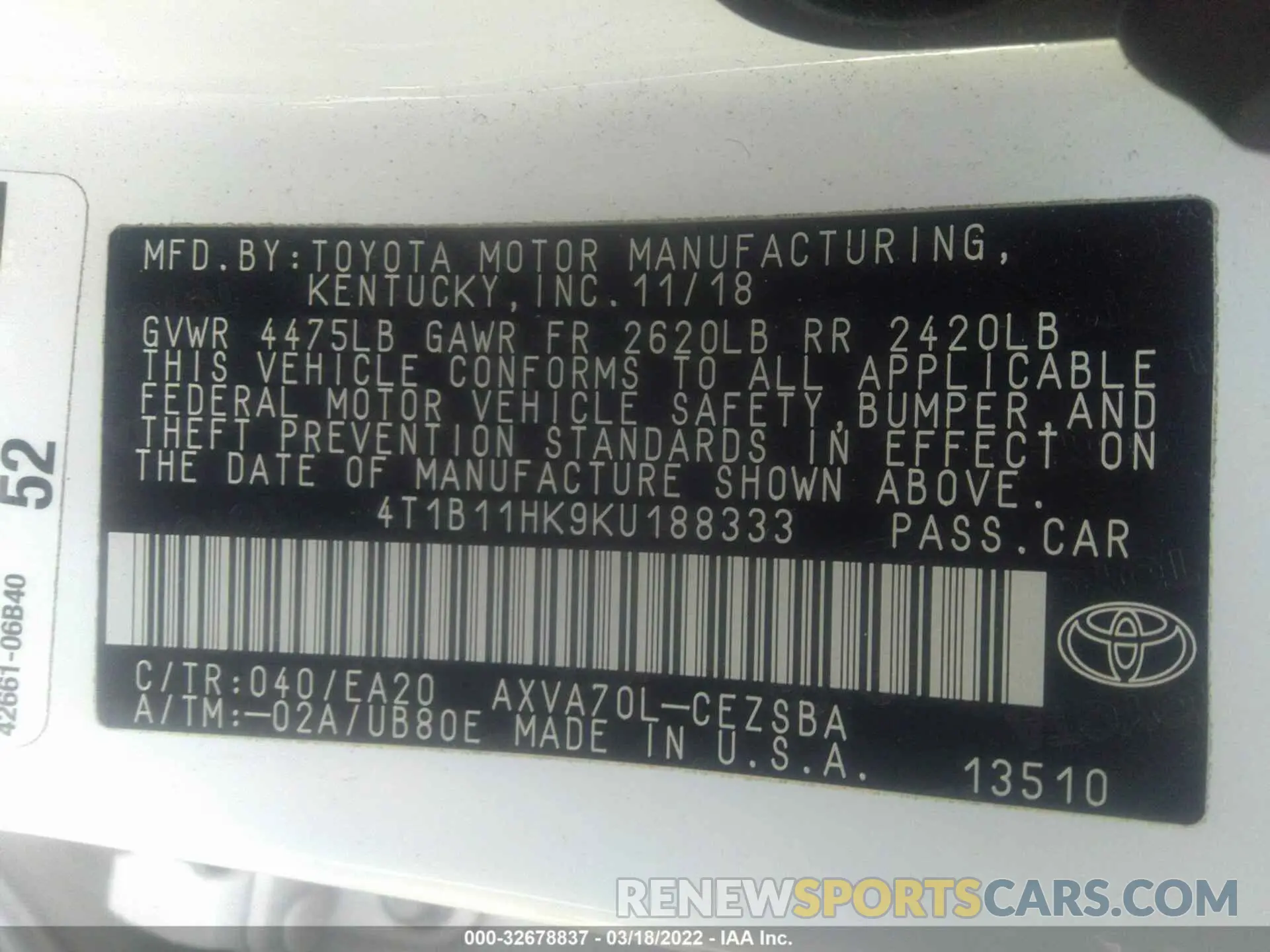 9 Photograph of a damaged car 4T1B11HK9KU188333 TOYOTA CAMRY 2019