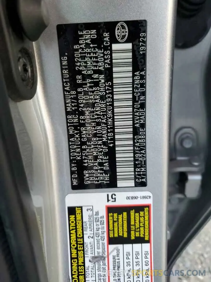 13 Photograph of a damaged car 4T1B11HK9KU193175 TOYOTA CAMRY 2019