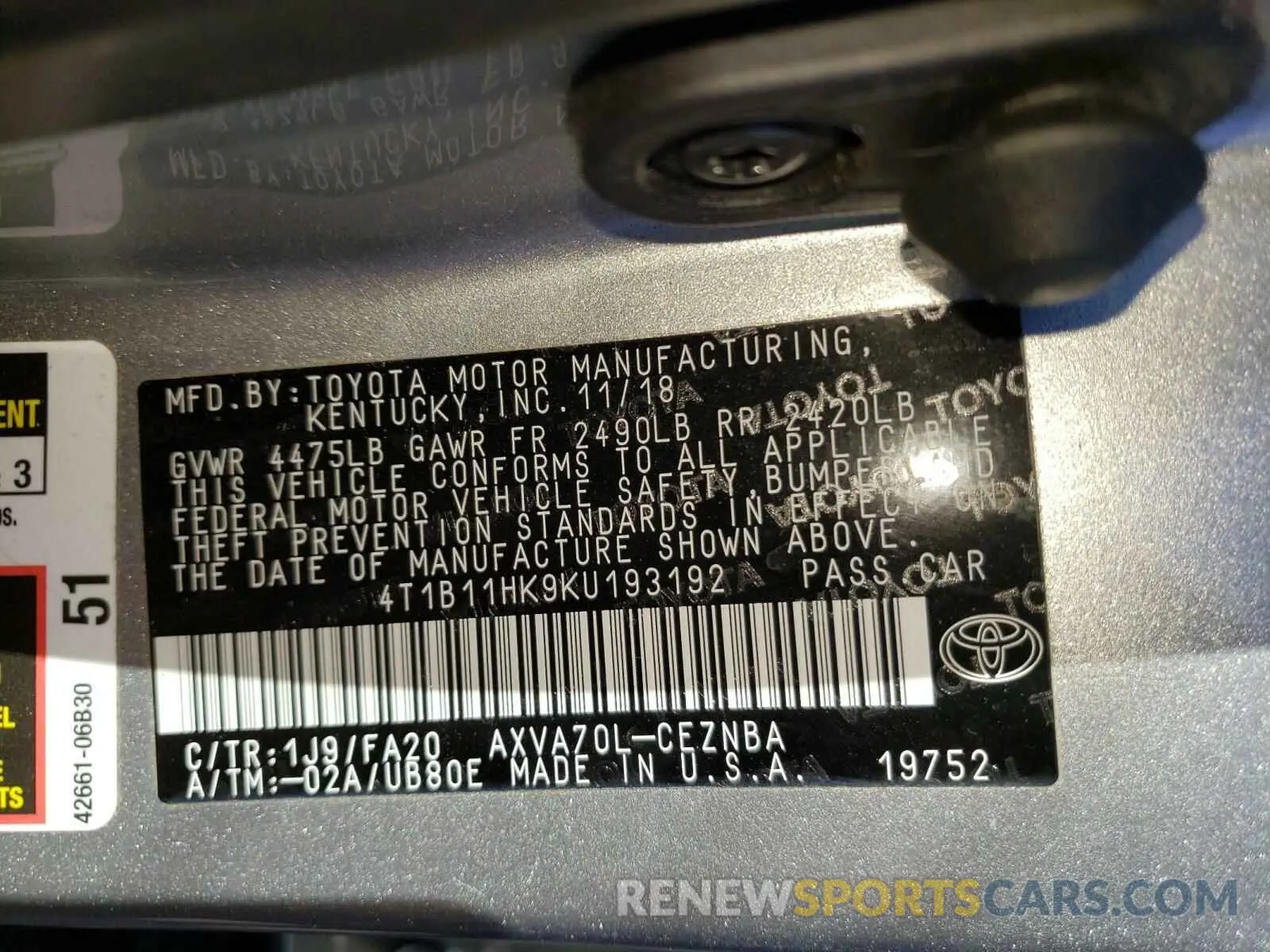 10 Photograph of a damaged car 4T1B11HK9KU193192 TOYOTA CAMRY 2019