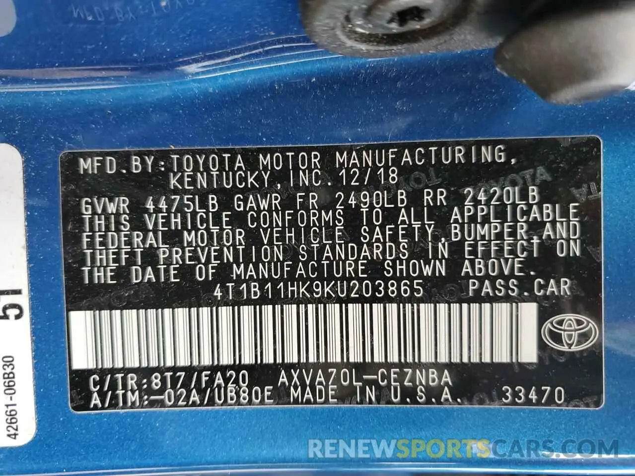 14 Фотография поврежденного автомобиля 4T1B11HK9KU203865 TOYOTA CAMRY 2019