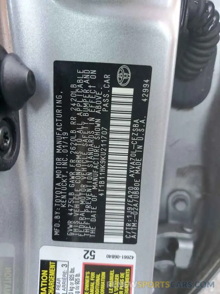 12 Photograph of a damaged car 4T1B11HK9KU211707 TOYOTA CAMRY 2019